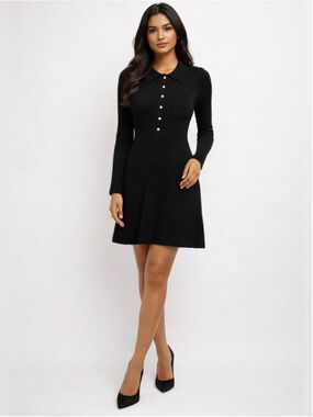 Beechers Brooks - Long-Sleeve Wool Blend Black Polo Knit Dress